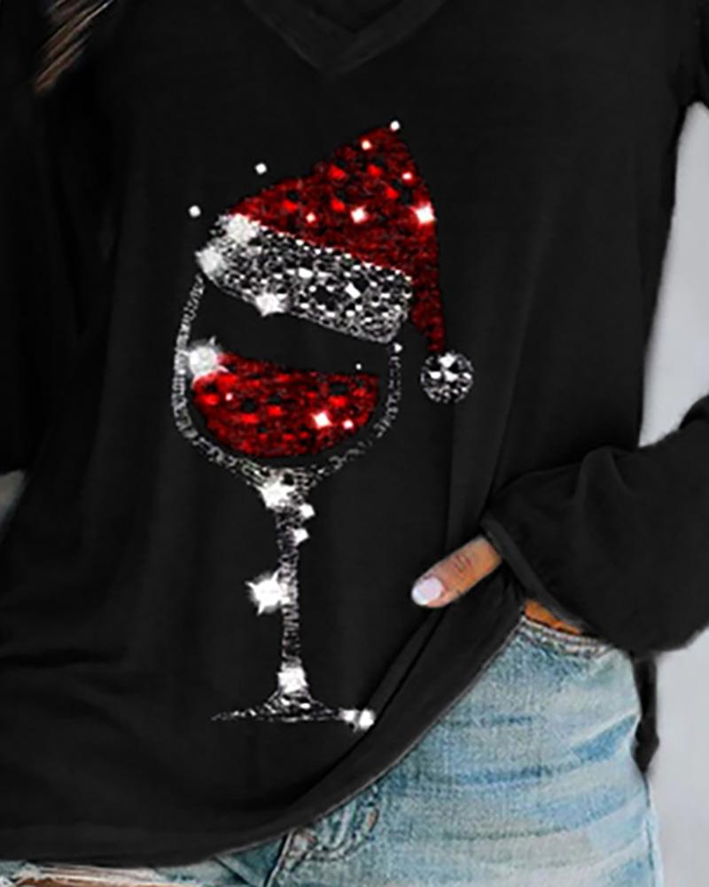 Christmas Wine Glass Print Casual Sweatshirt