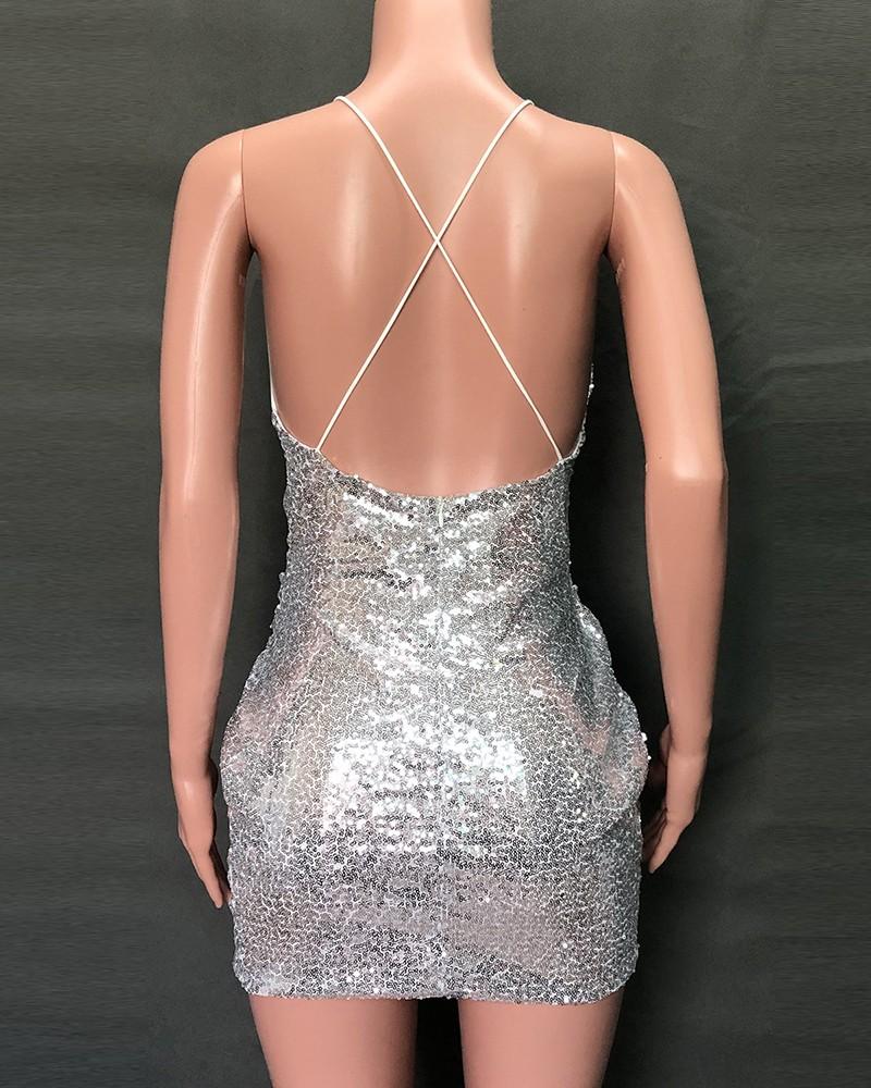 Crisscross Backless Plunge Allover Sequins Party Dress