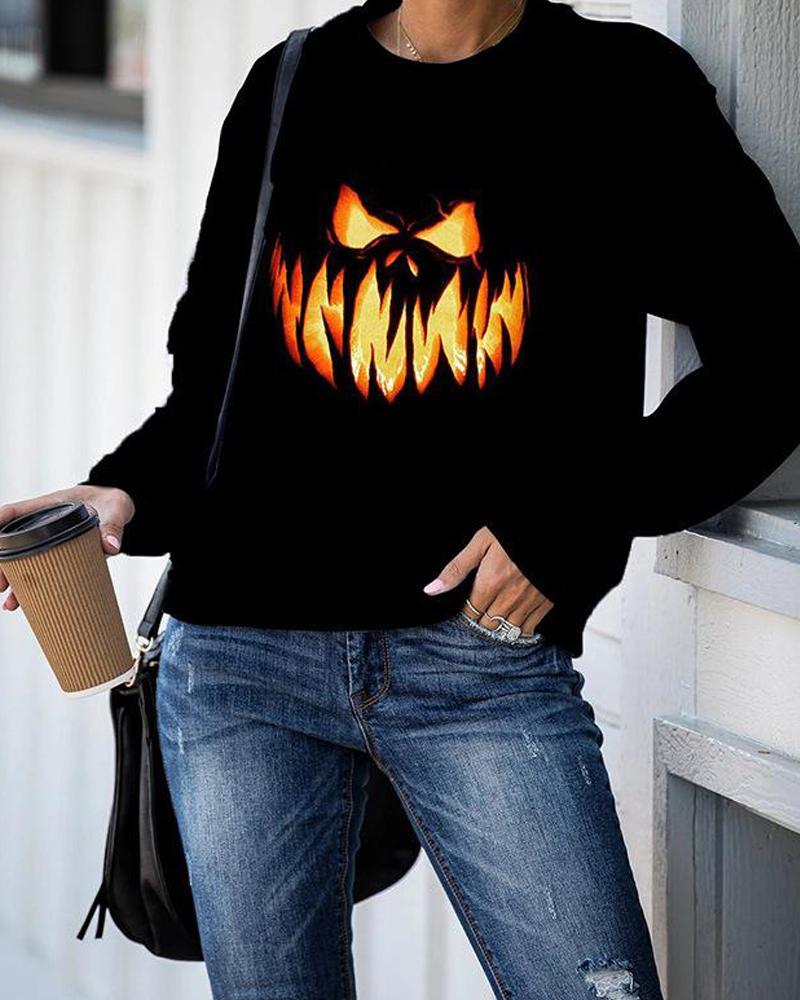Outlet26 Halloween Pumpkin Print Long Sleeve Sweatshirt black
