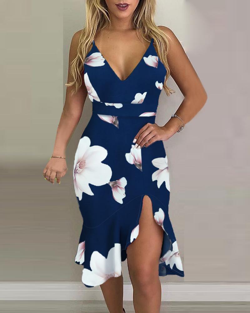 Outlet26 Floral Print Sleeveless Casual Slit Dress blue