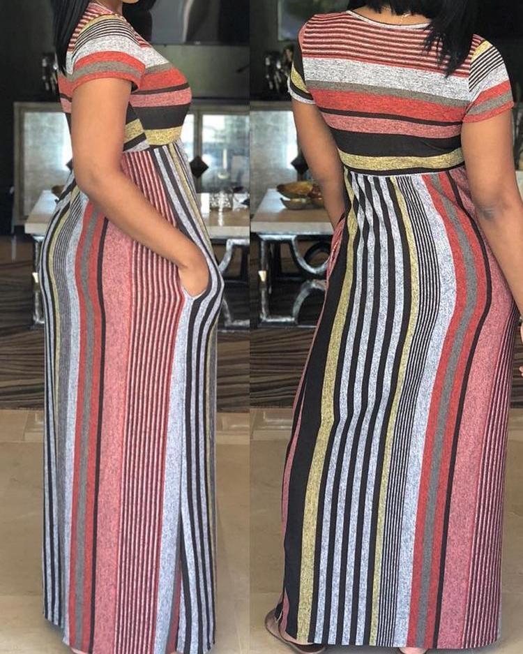 Fashion Colorful Striped Patchwork Maxi Dress