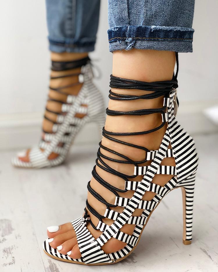 Outlet26 Open Toed Lace-Up Thin Heeled Sandals black