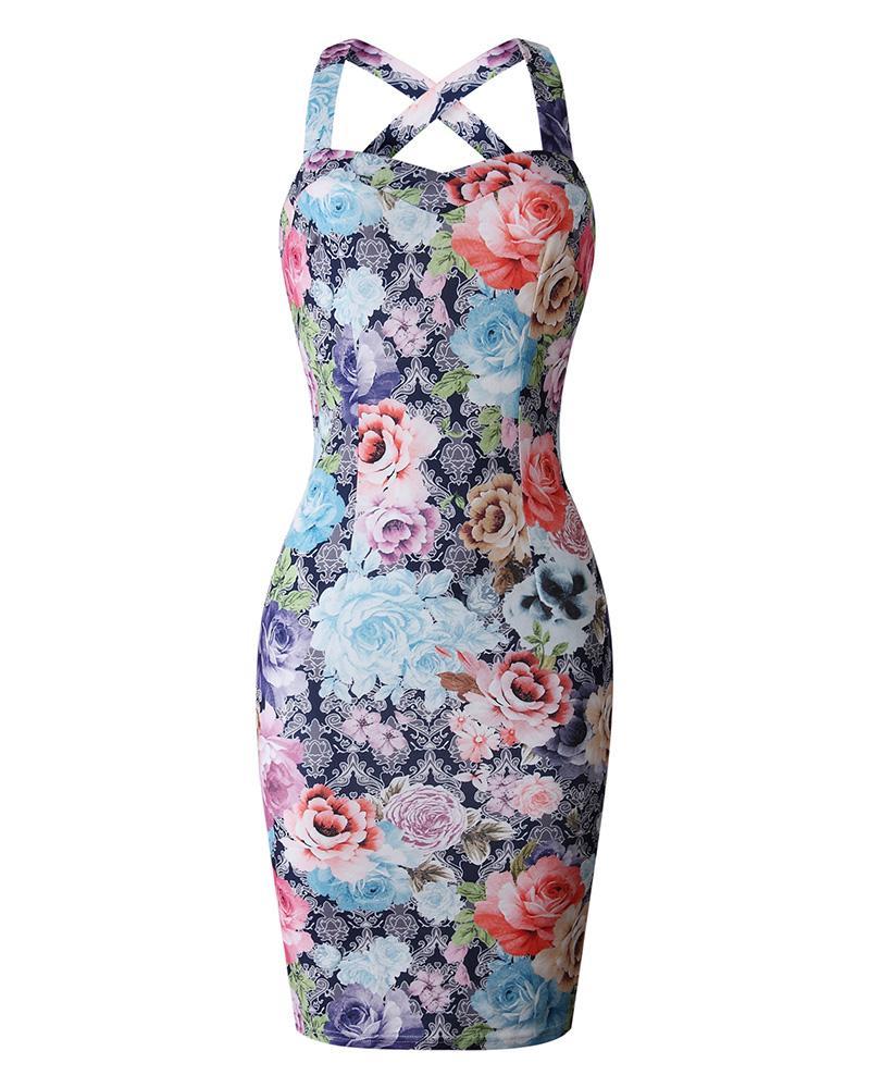 Floral Print Crisscross Strap Midi Dress
