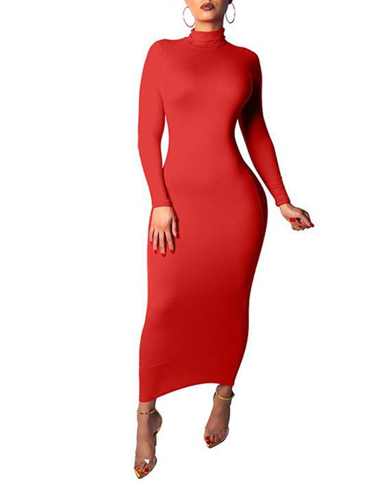 Outlet26 Solid High Neck Bodycon Midi Dress red