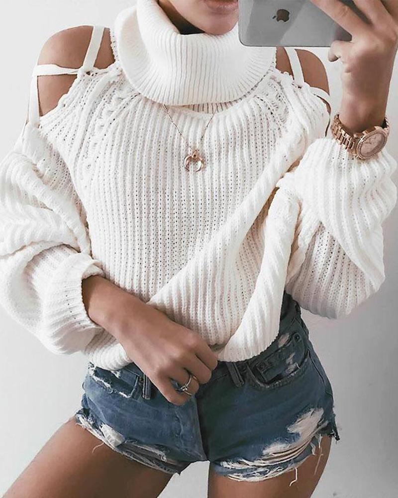 Outlet26 Cold Shoulder High Neck Sweater Top white