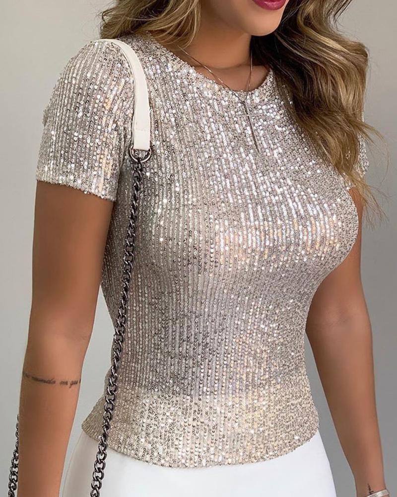 Outlet26 Glitter Short Sleeve Round Neck Sequins Blouse champagne
