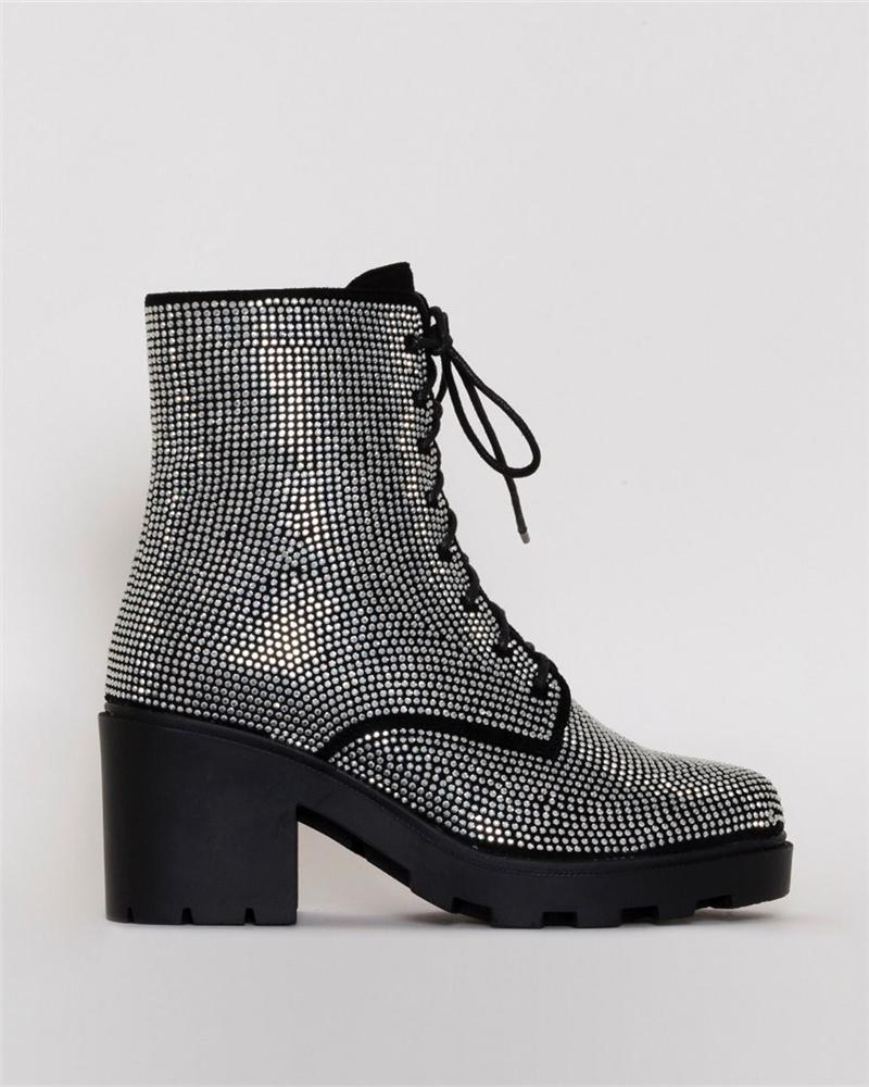 Sequin Lace-Up Chunky Boots