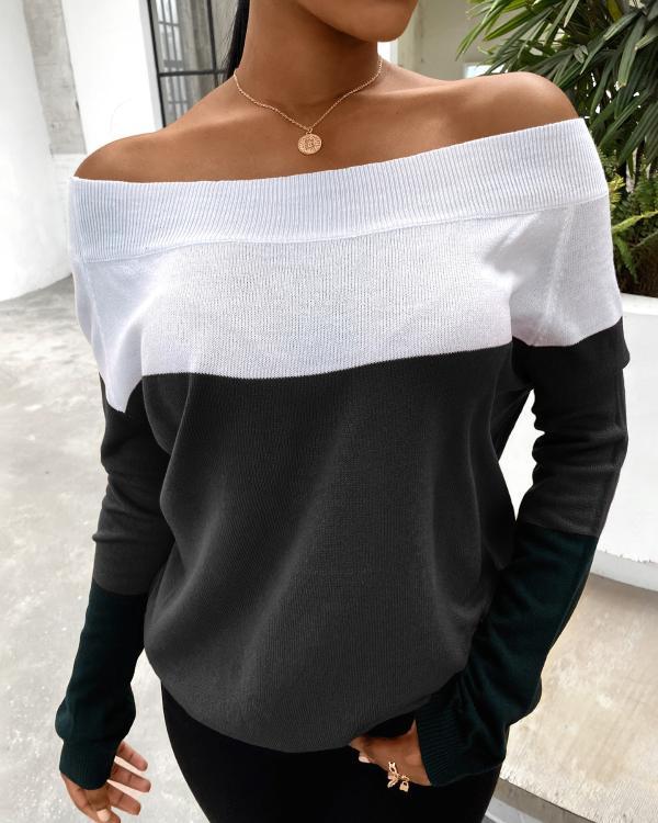 Off Shoulder Colorblock Long Sleeve Sweater
