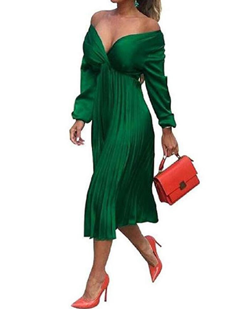 Outlet26 V Neck Pleated Midi Dress green