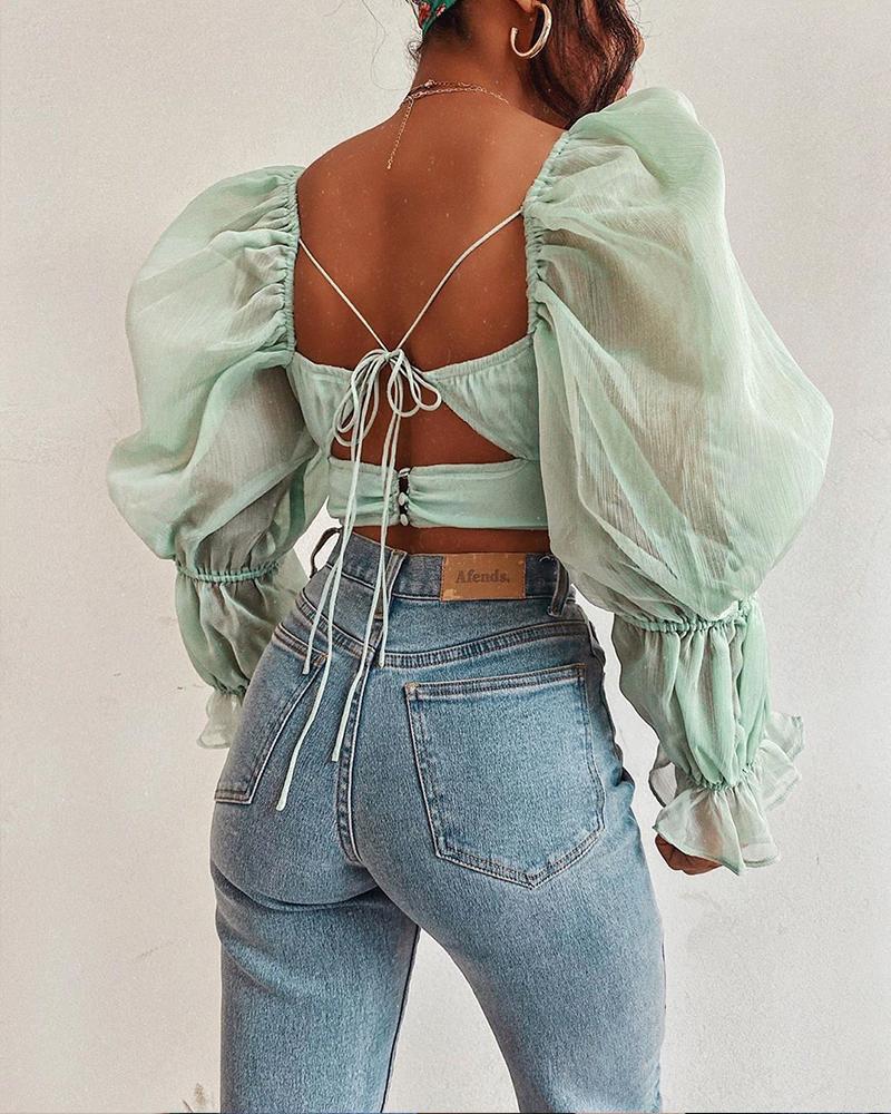 Outlet26 Square Neck Puff Sleeve Crop Top green