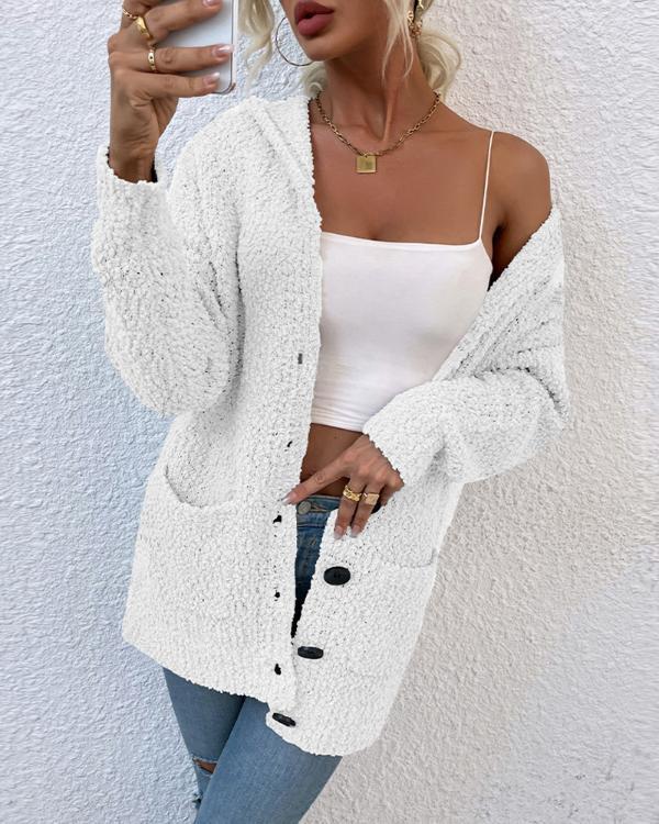 Long Sleeve Button Up Hooded Teddy Cardigan