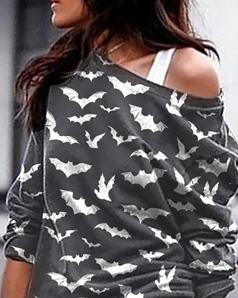 One Shoulder Halloween Bat Print Cozy Sweatshirt