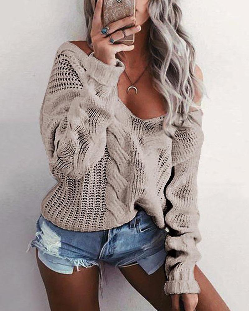 Solid V Neck Pointelle Sweater