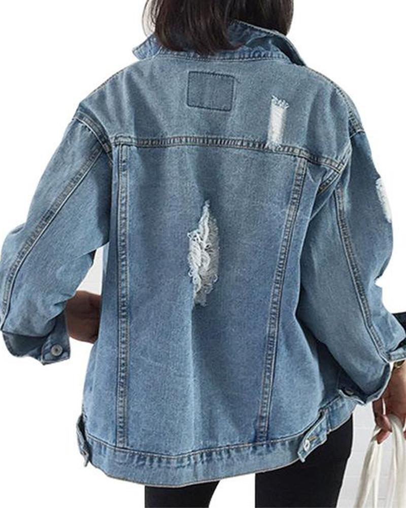 Ripped Denim Button-Up Jacket