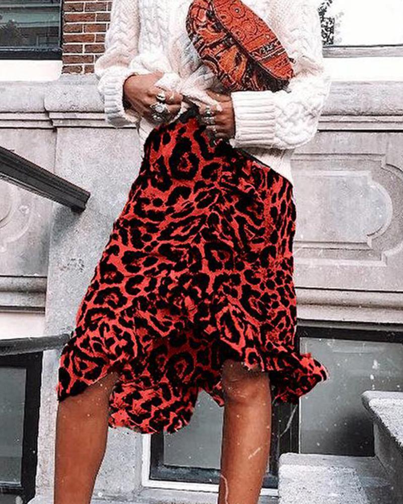 Outlet26 Leopard High Waist Midi Skirt red