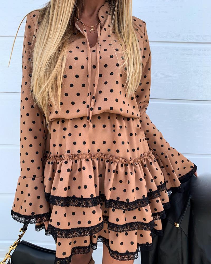 Dot Lace Patchwork Drawstring Design Pleated Dress