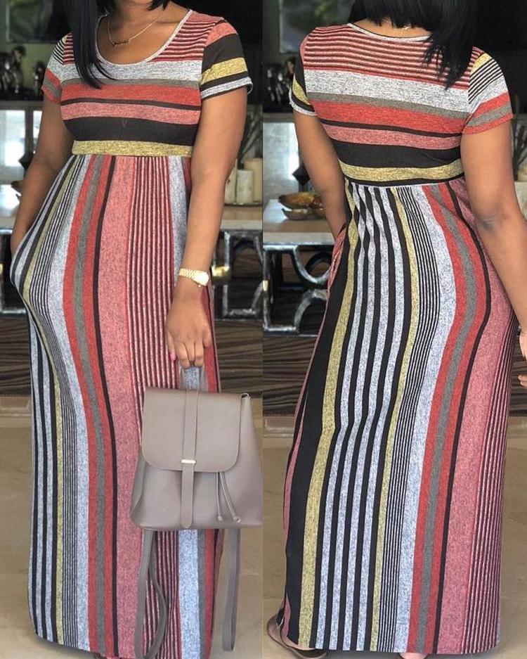 Fashion Colorful Striped Patchwork Maxi Dress