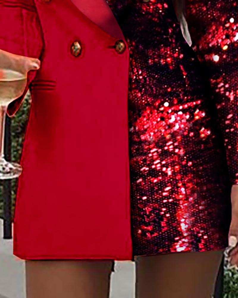 Colorblock Sequins Long Sleeve Blazer Dress