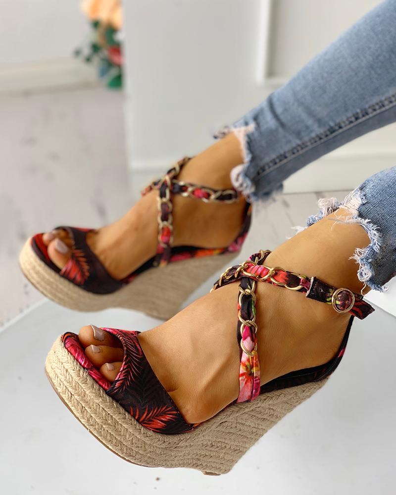 Floral Chain Detail Platform Wedge Sandals