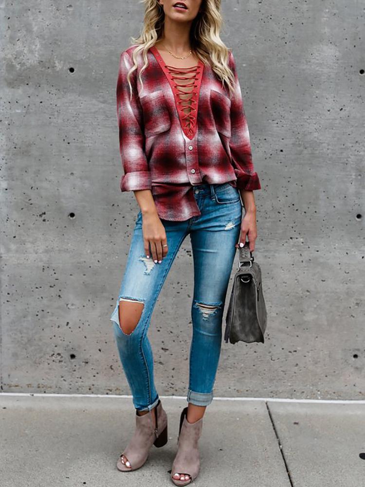 Trendy Tartan Lace-up Casual Blouse