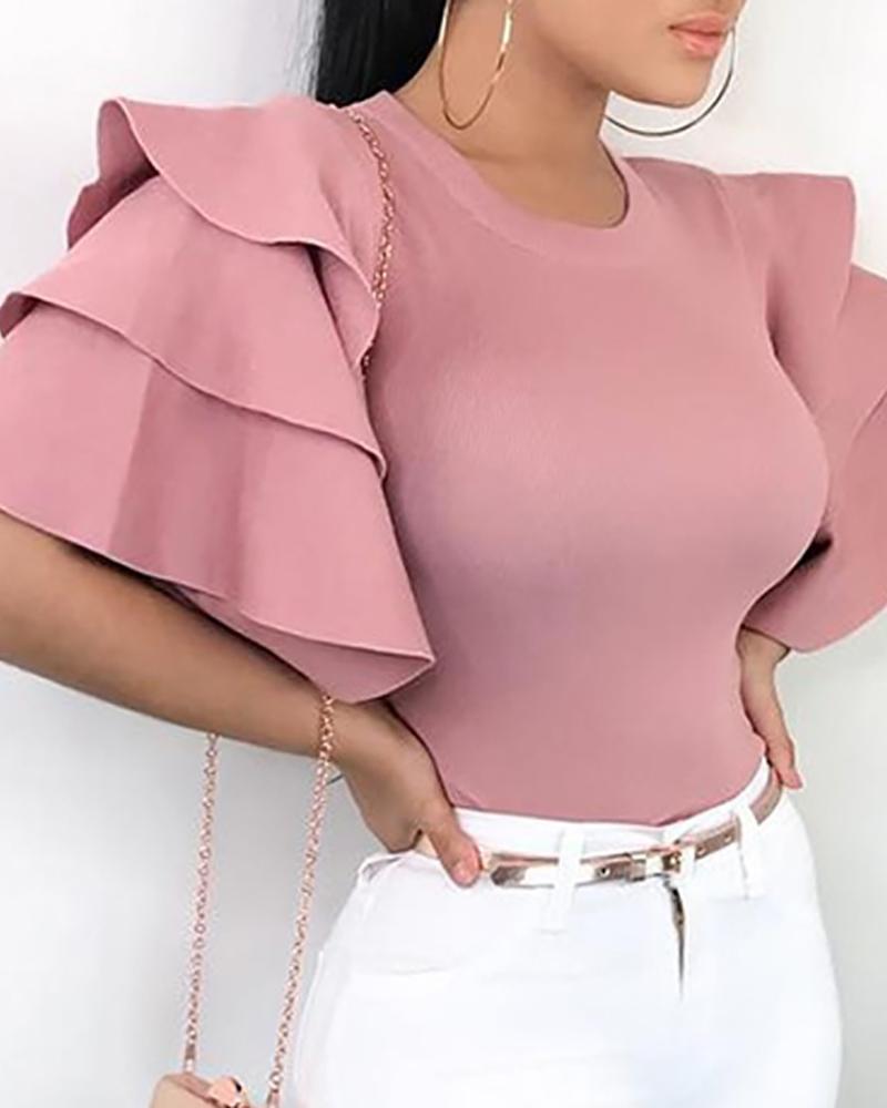 Outlet26 Layered Ruffle Bell Sleeve Casual Blouse pink