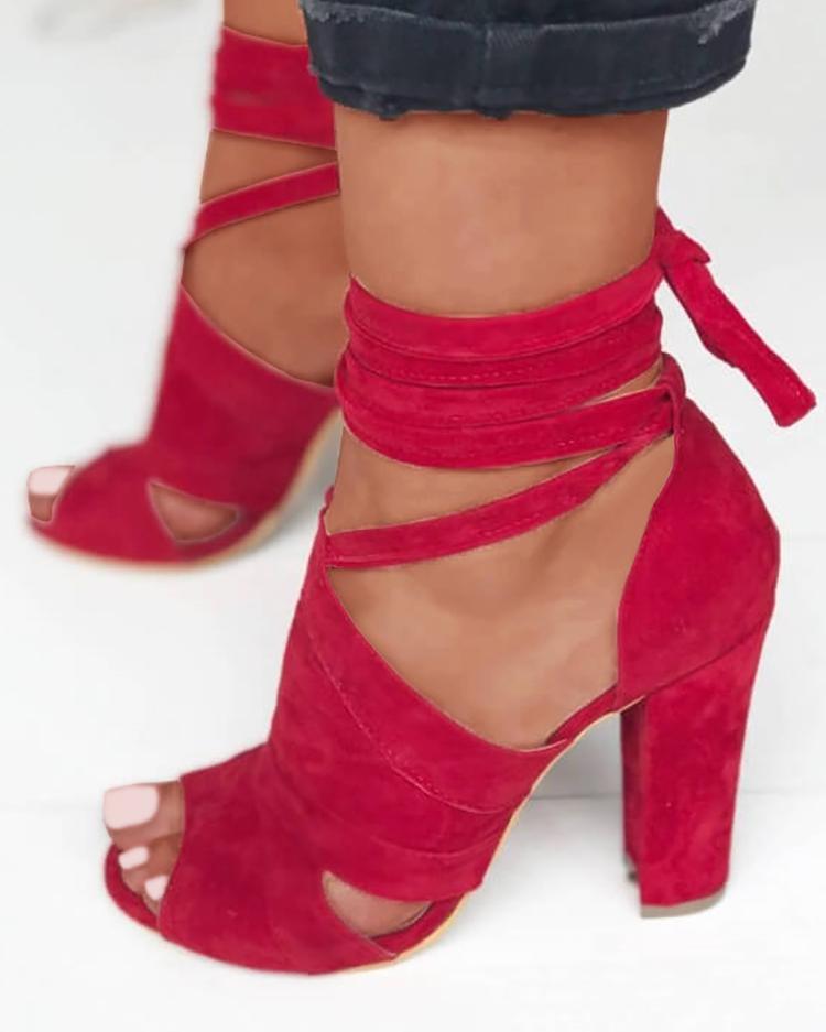 Outlet26 Lace Up Block Heels Sandals red