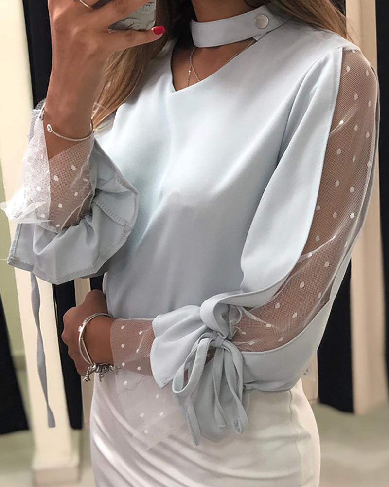 Dot Mesh Sleeve Tied Detail Casual Blouse