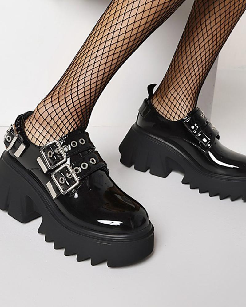 Chic Womens Straps Decor Round Toe Shiny Finish Platform Shoes