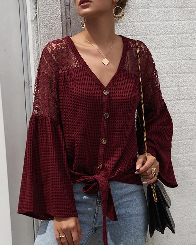 Outlet26 V Neck Button-Up Lace Cardigan Wine red