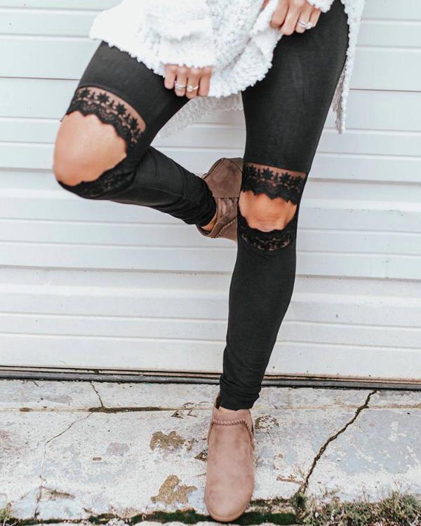 Lace Insert Cutout Knee Casual Pants