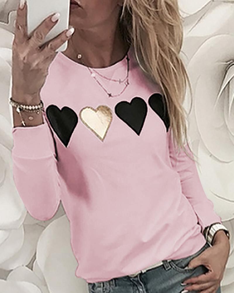 Outlet26 Heart Stickers Long Sleeve Casual Sweatshirt pink