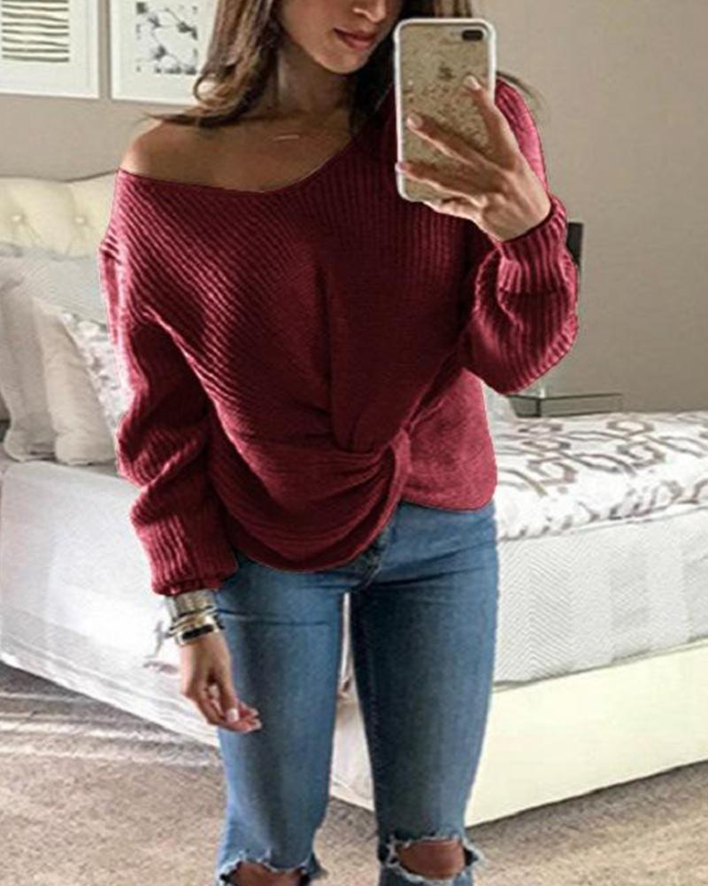 Solid Ribbed Knit Long Sleeve Sweater