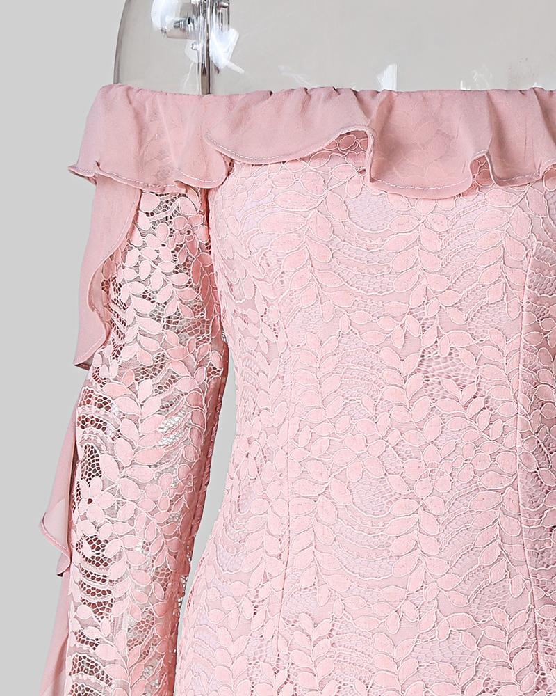 Ruffles Off Shoulder Leaf Embroidery Dress