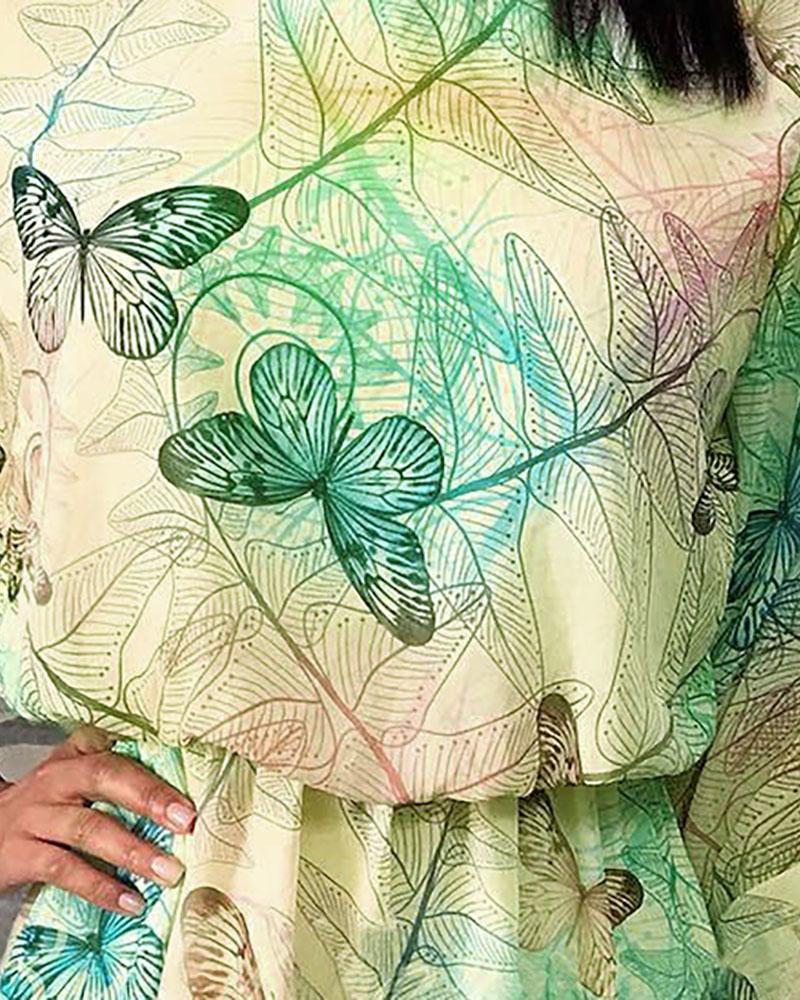 Shirring Detail Leaf Print Casual Dress