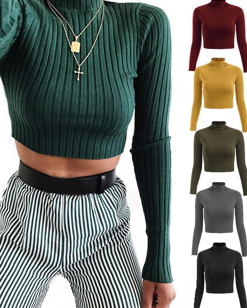 Outlet26 Ribbed Knit Long Sleeve Crop Top green