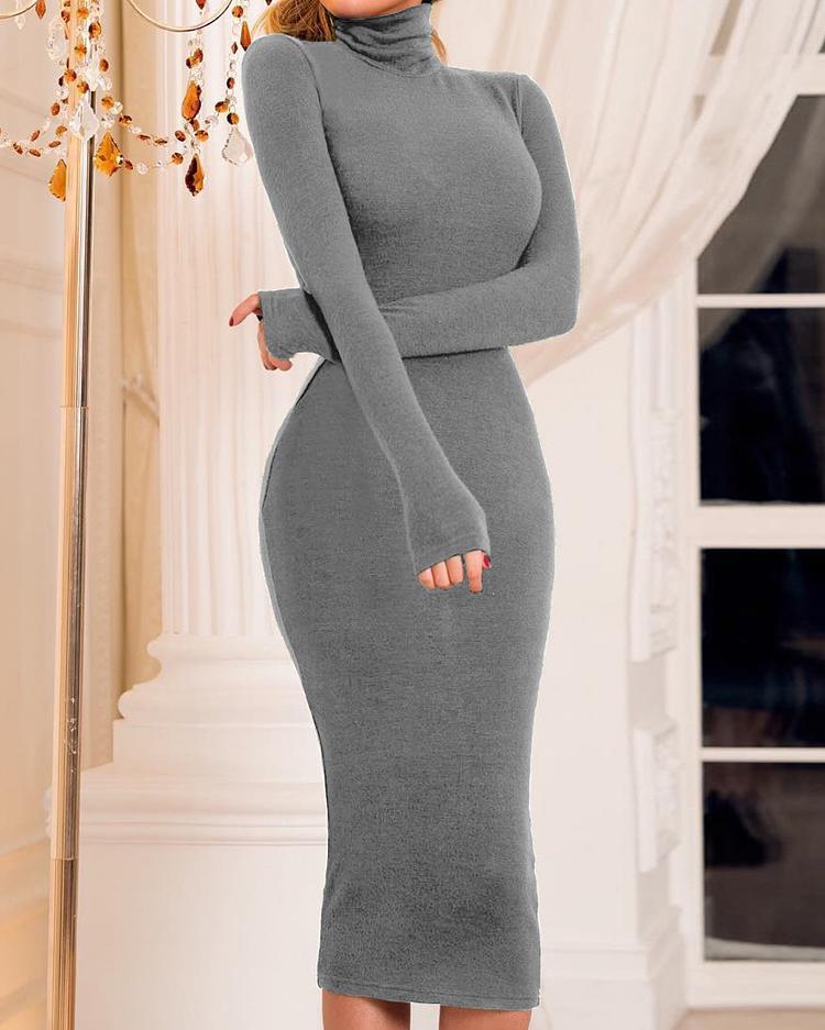 Outlet26 Solid High Neck Long Sleeve Midi Dress gray