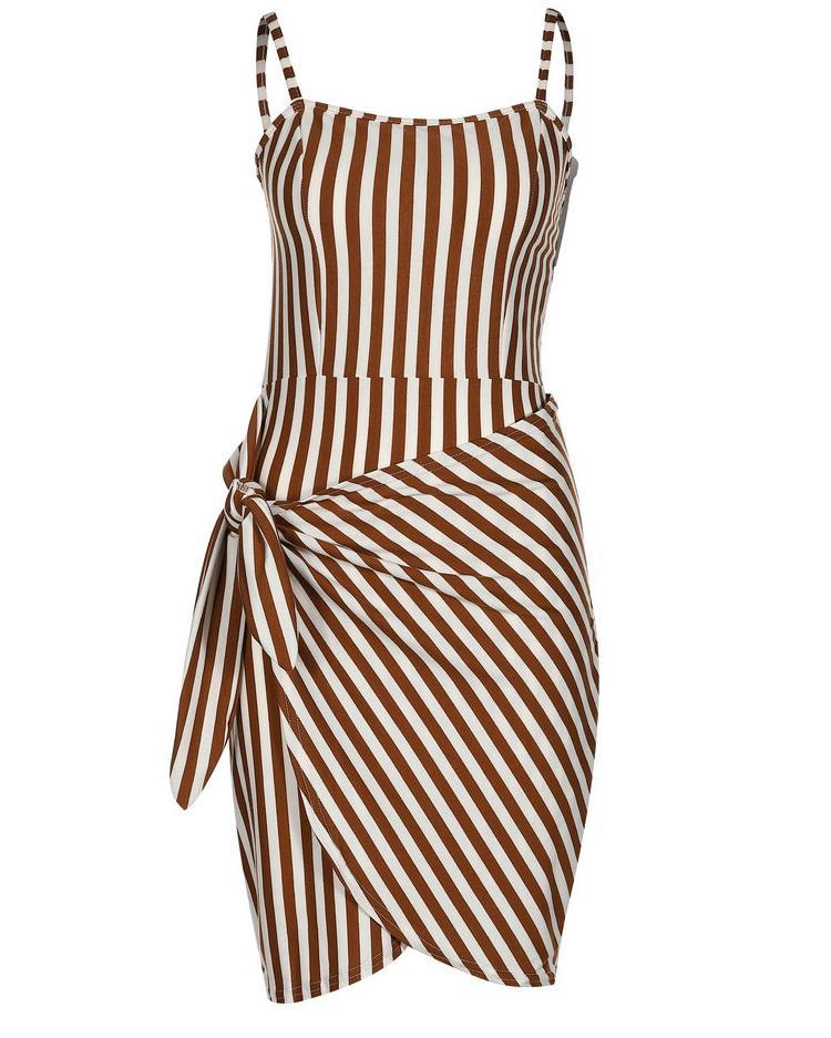 Sexy Spaghetti Strap Tie Waist Striped Dress