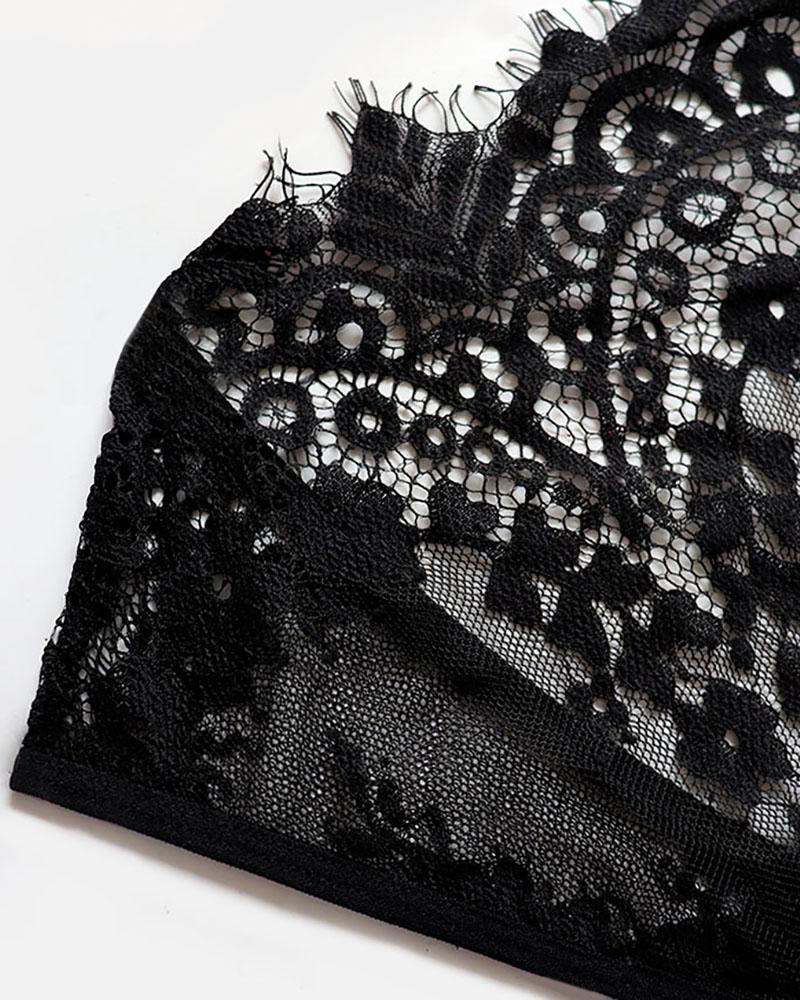 Halter Sheer Mesh Crochet Lace Garter Lingerie Set