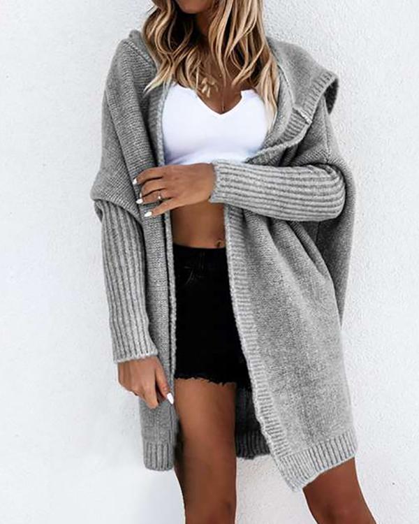 Knit Hooded Long Sleeve Casual Cardigan