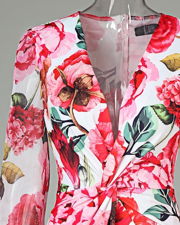 Mesh Floral Print Twisted Waist Midi Dress