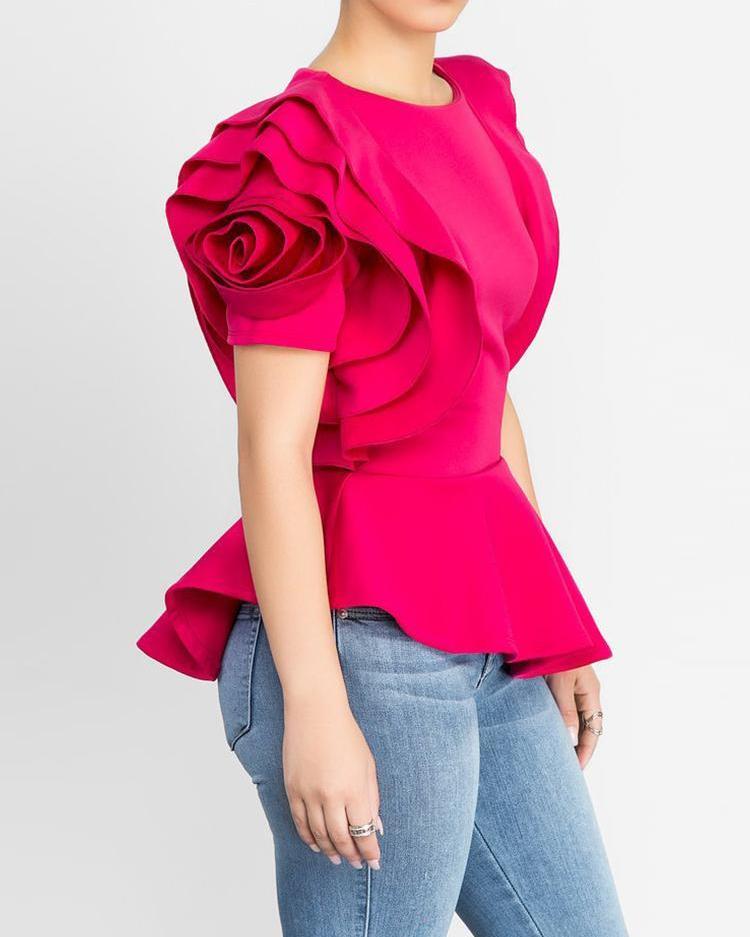 Outlet26 Layered Sleeve Ruffles Hem Irregular Solid Blouse red