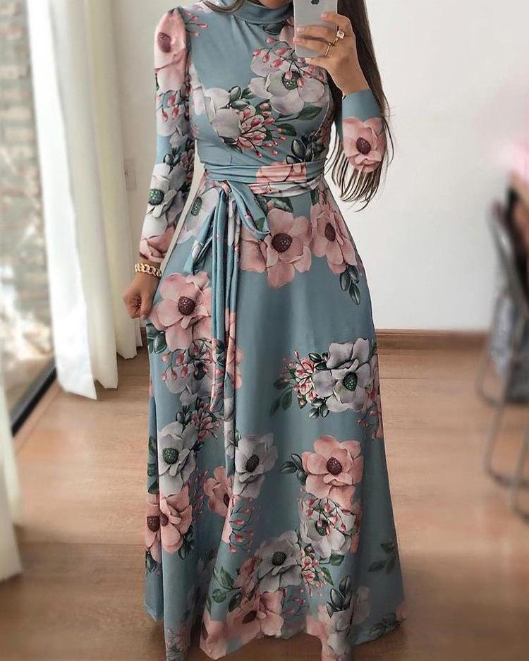 Rose Print Long Sleeve Maxi Dress