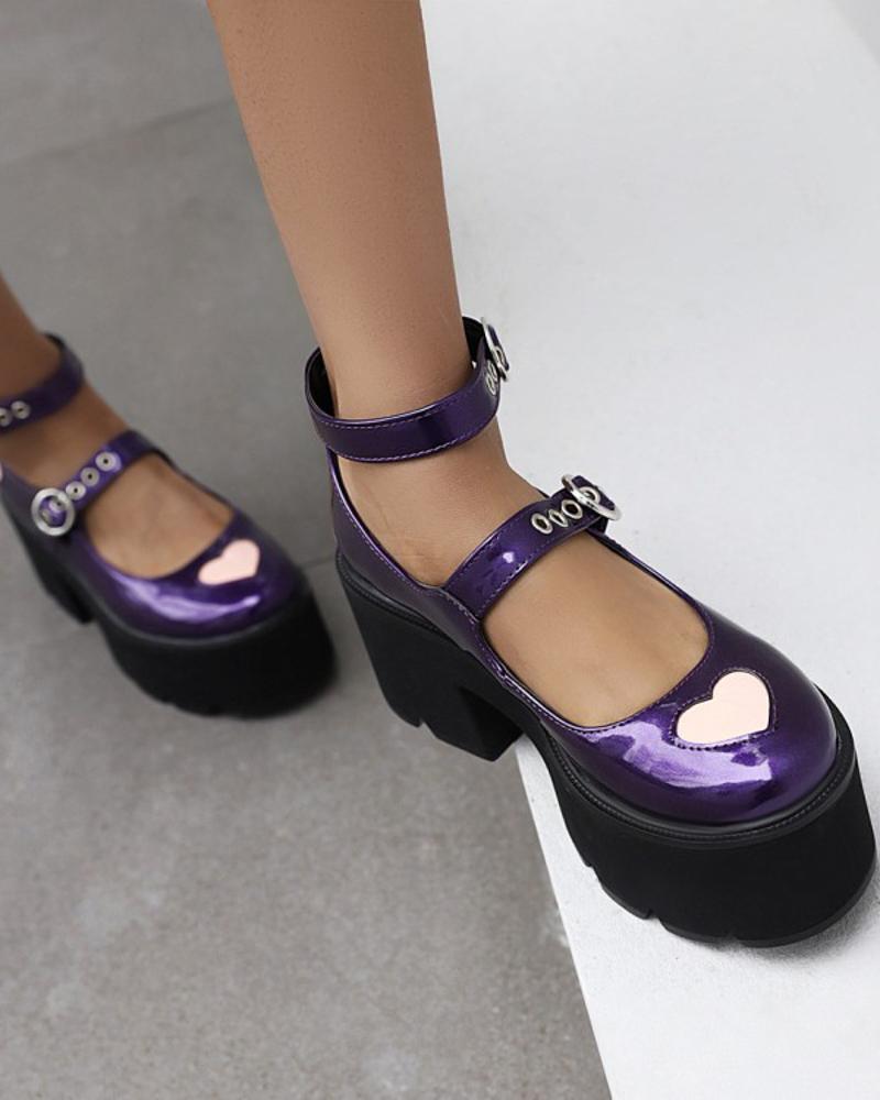 Chic Womens Heart Decor Round Toe Shiny Finish Platform Shoes