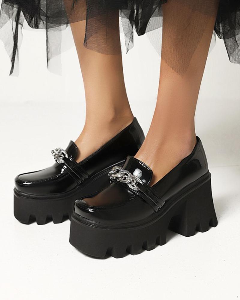 Chic Ladies Interlocking Rings Decor Round Toe Shiny Finish Platform Shoes