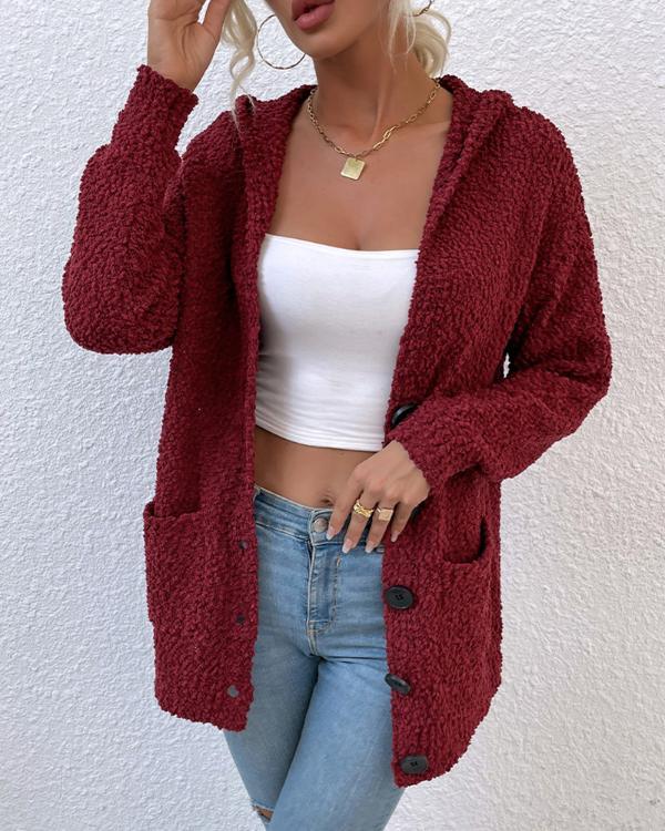 Long Sleeve Button Up Hooded Teddy Cardigan