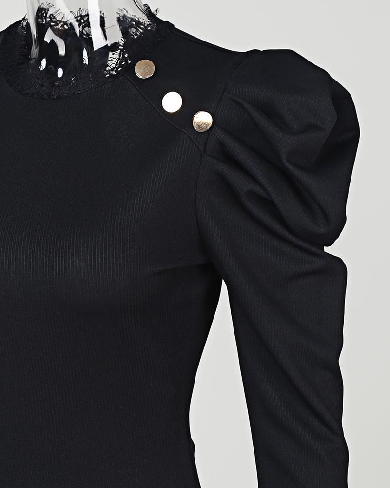 Puffed Sleeve Solid Ribbed Blouse