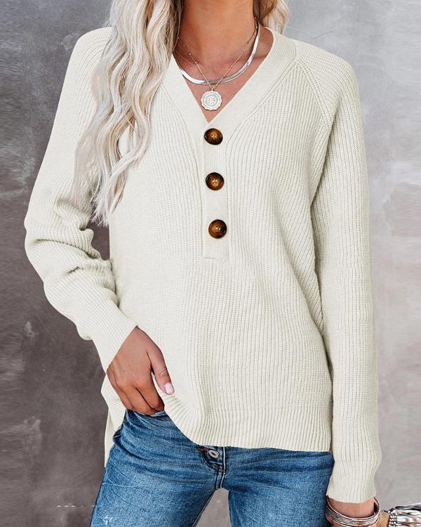 Long Sleeve V Neck Button Design Knit Sweater