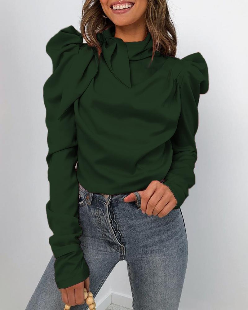 Solid Puff Sleeve Tied Neck Blouse
