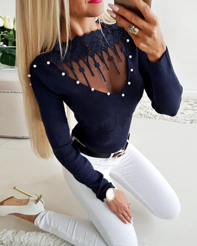Beading & Mesh Applique Ribbed Top