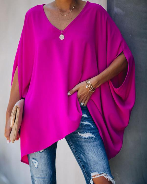 Colorblock Batwing Sleeve V-Neck Casual Top